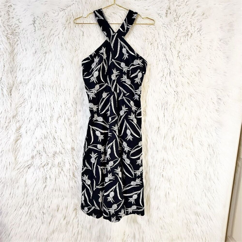 Ann Taylor Women's Size 4 Blue Pineapple Embroidered Halter Midi Dress - Picture 2 of 7